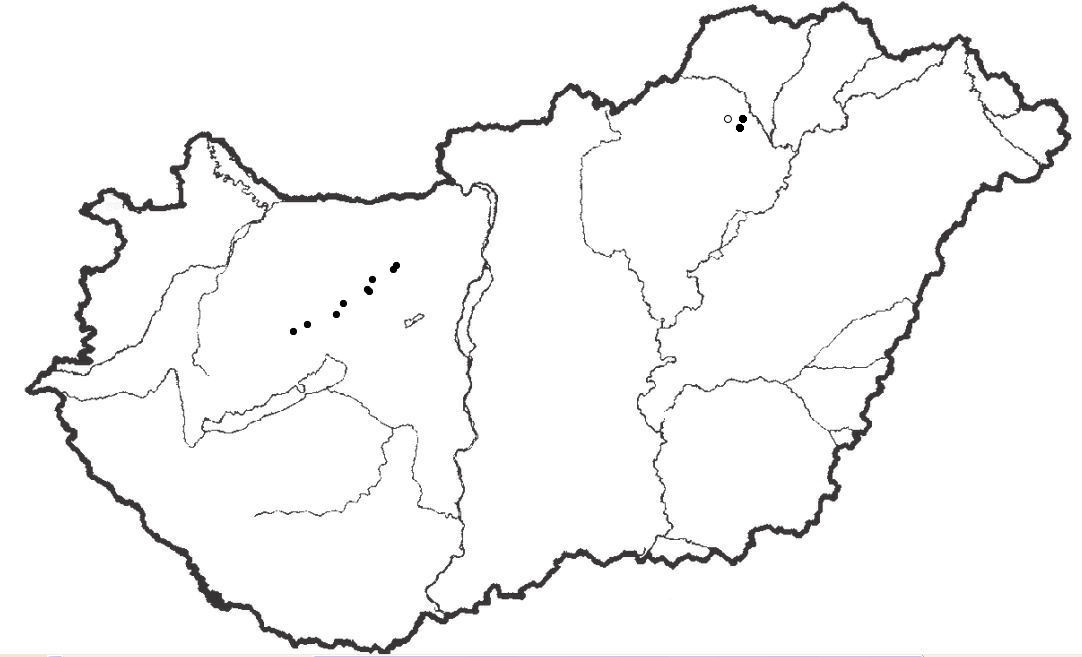 A sziklai illatosmoha populációi hazánkban (○ 1970 előtti adat, ● jelenlegi adat)